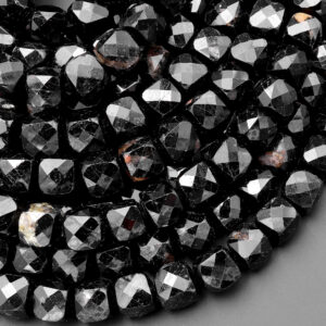 Natural Black Tourmaline Faceted 4mm 6mm 8mm Cube Beads Micro Faceted Laser Diamond Cut 15.5" Strand