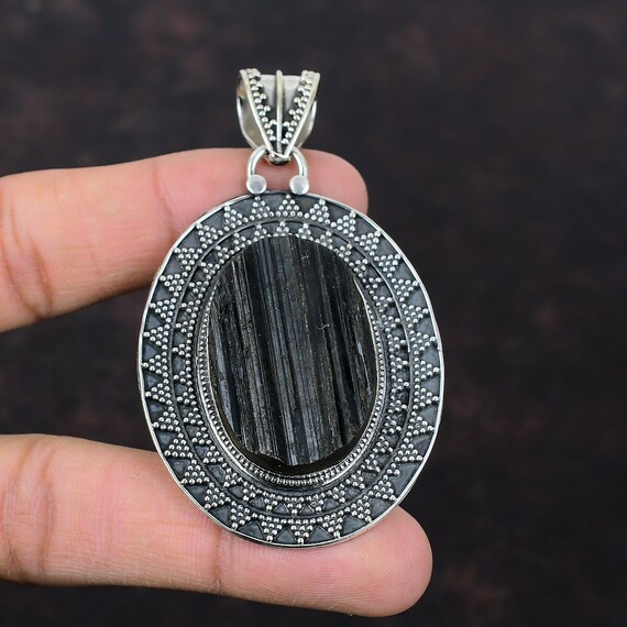 Black Tourmaline 925 Sterling Silver Pendant - Handmade Vintage Jewelry