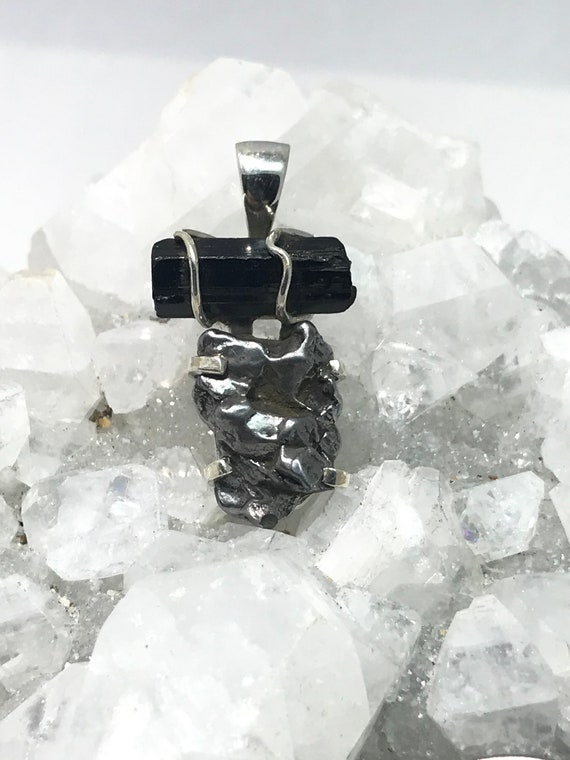 Abstract Black Tourmaline And Meteorite Pendant