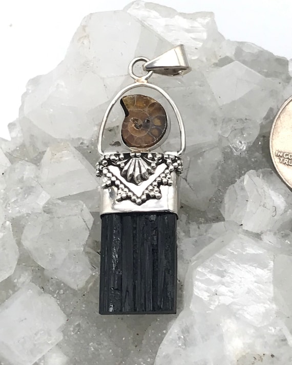 Black Tourmaline And Ammonite And Pendant