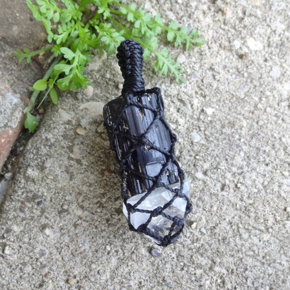 Black Tourmaline And Apophyllite Crystal Necklace, Protection Crystal And Stones, Raw Crystal Necklace, Macrame Pendant Gift
