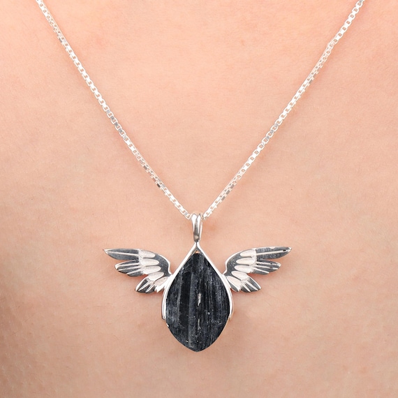 Black Tourmaline Angel Necklace: Sterling Silver Guardian Pendant