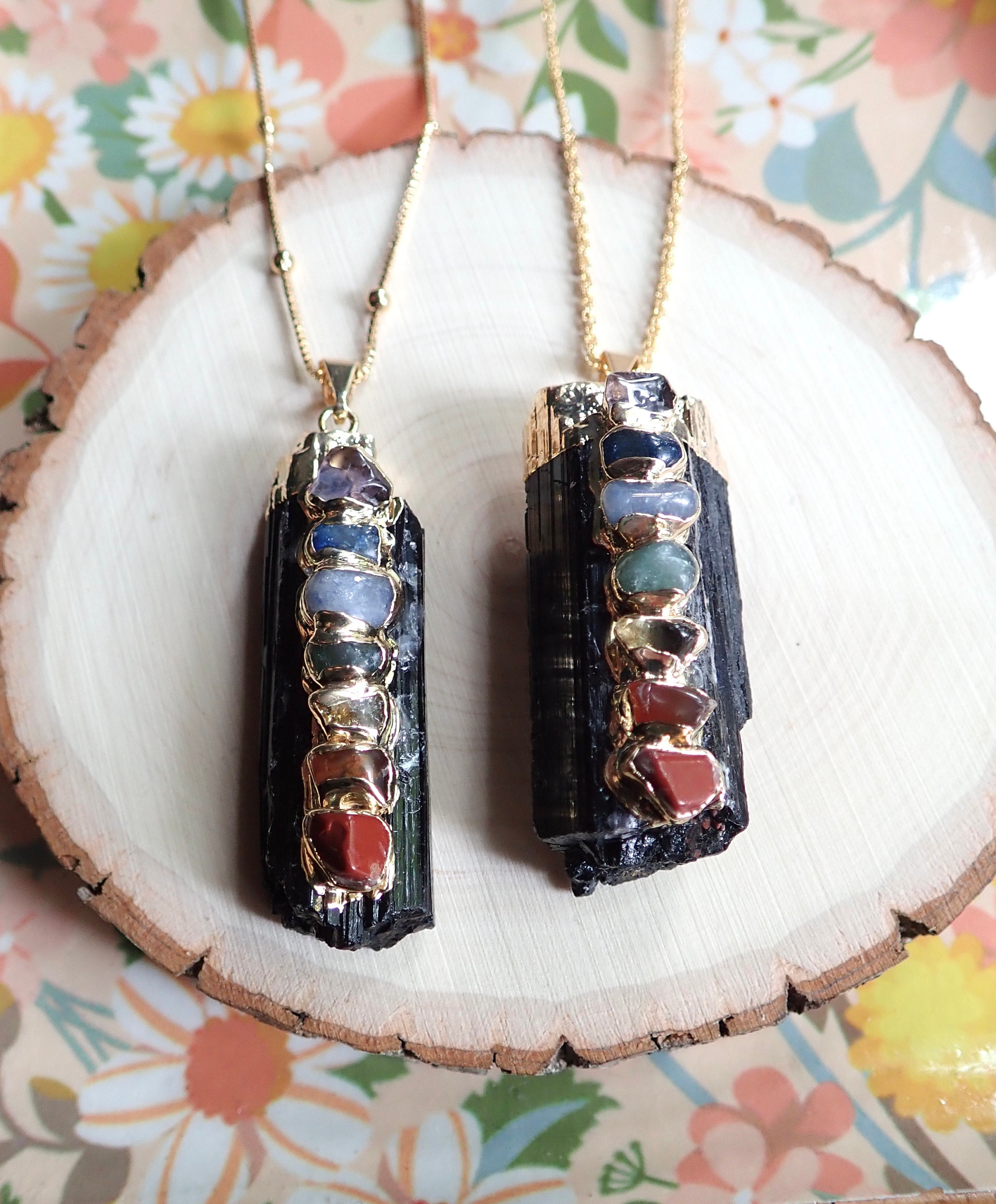Chakra Stone Necklace, ,black Tourmaline Pendant,black Stone Jewelry,yoga Crystals Necklace,gift For Her, Large Stone Pendant, Gold Fill