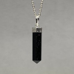 Black Tourmaline Crystal Point Necklace: Silver Plated Pendant, 18" Chain