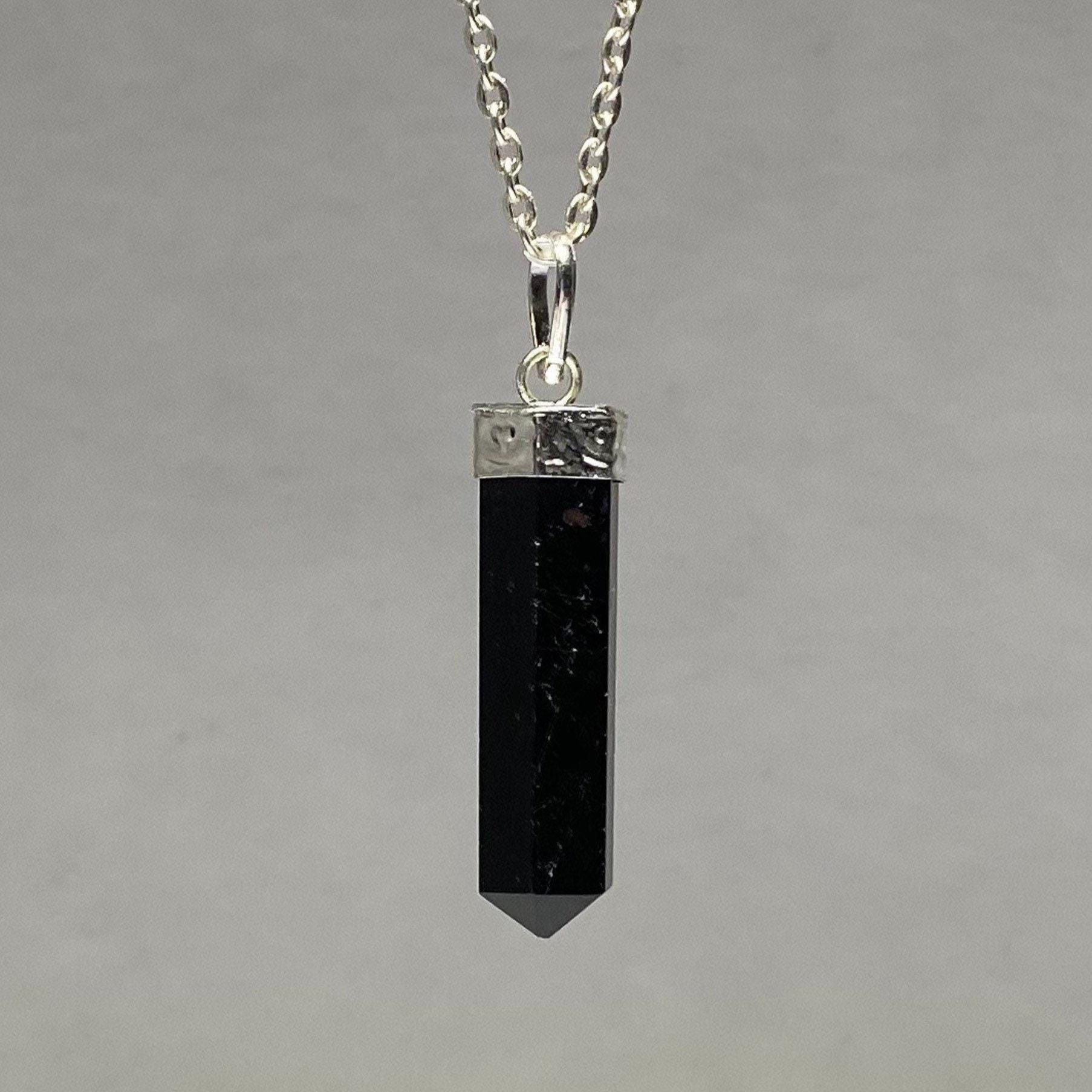 Black Tourmaline Crystal Point Necklace: Silver Plated Pendant, 18" Chain