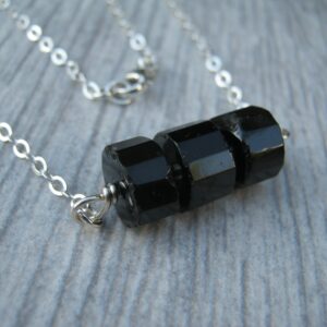 Faceted Black Tourmaline Necklace, 18 Inch 925 Sterling Silver Bar Necklace, Faceted Tube Gemstones, Jet Black Floating Pendant