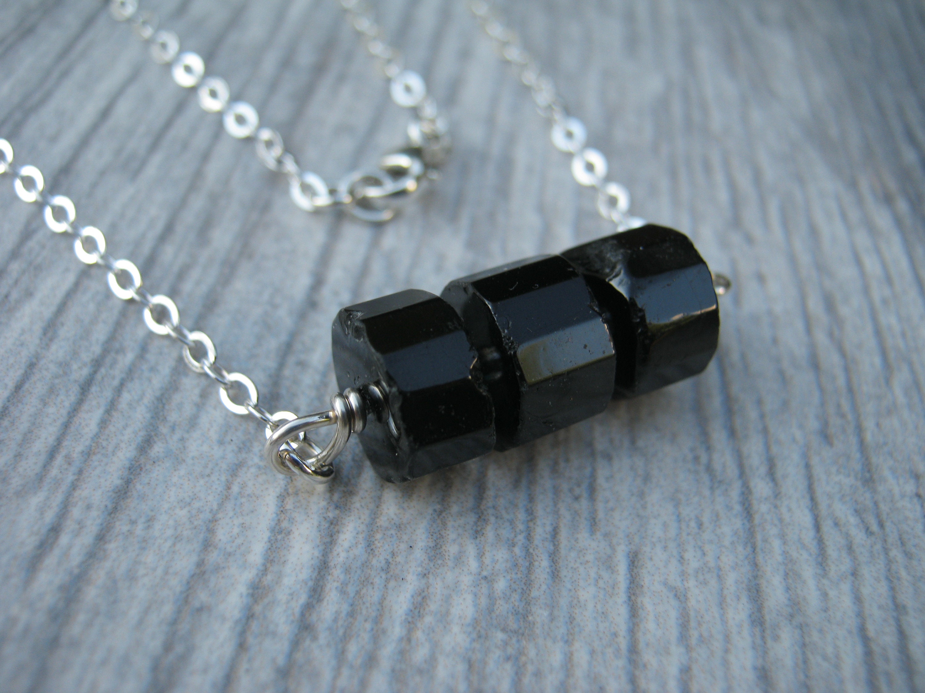 Faceted Black Tourmaline Necklace, 18 Inch 925 Sterling Silver Bar Necklace, Faceted Tube Gemstones, Jet Black Floating Pendant