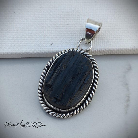 Handmade Black Tourmaline Pendant: Oval Sterling Silver Jewelry