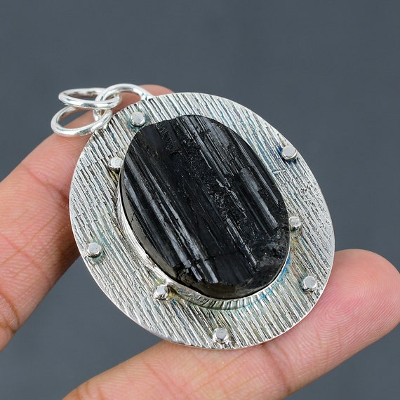 Handmade Black Tourmaline Rough 925 Sterling Silver Pendant