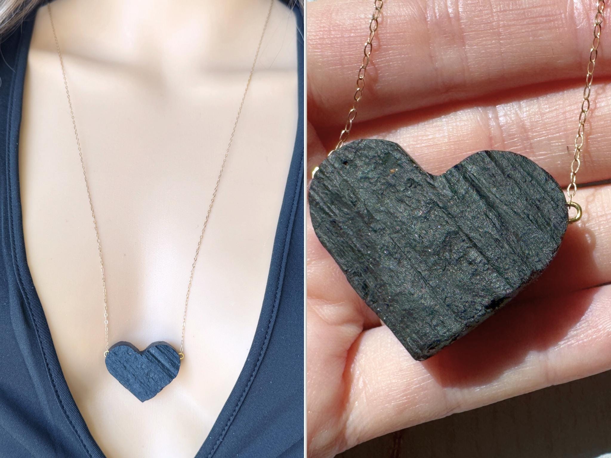 Huge Raw Black Tourmaline Necklace Gold Or Silver Tourmaline Heart Pendant Necklace, Black Tourmaline Jewelry, Black Gemstone Exact Stone