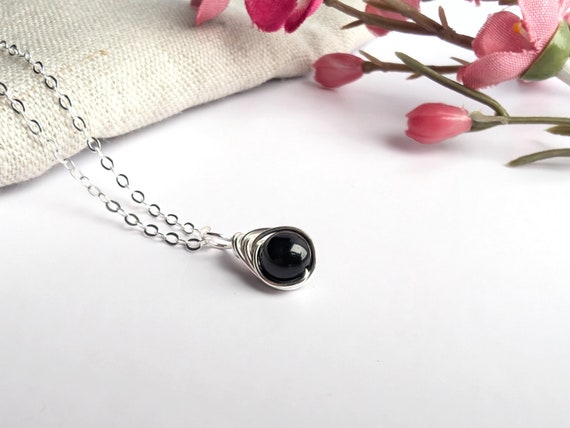 Black Tourmaline Minimalist Dainty Sterling Silver Birthstone Pendant