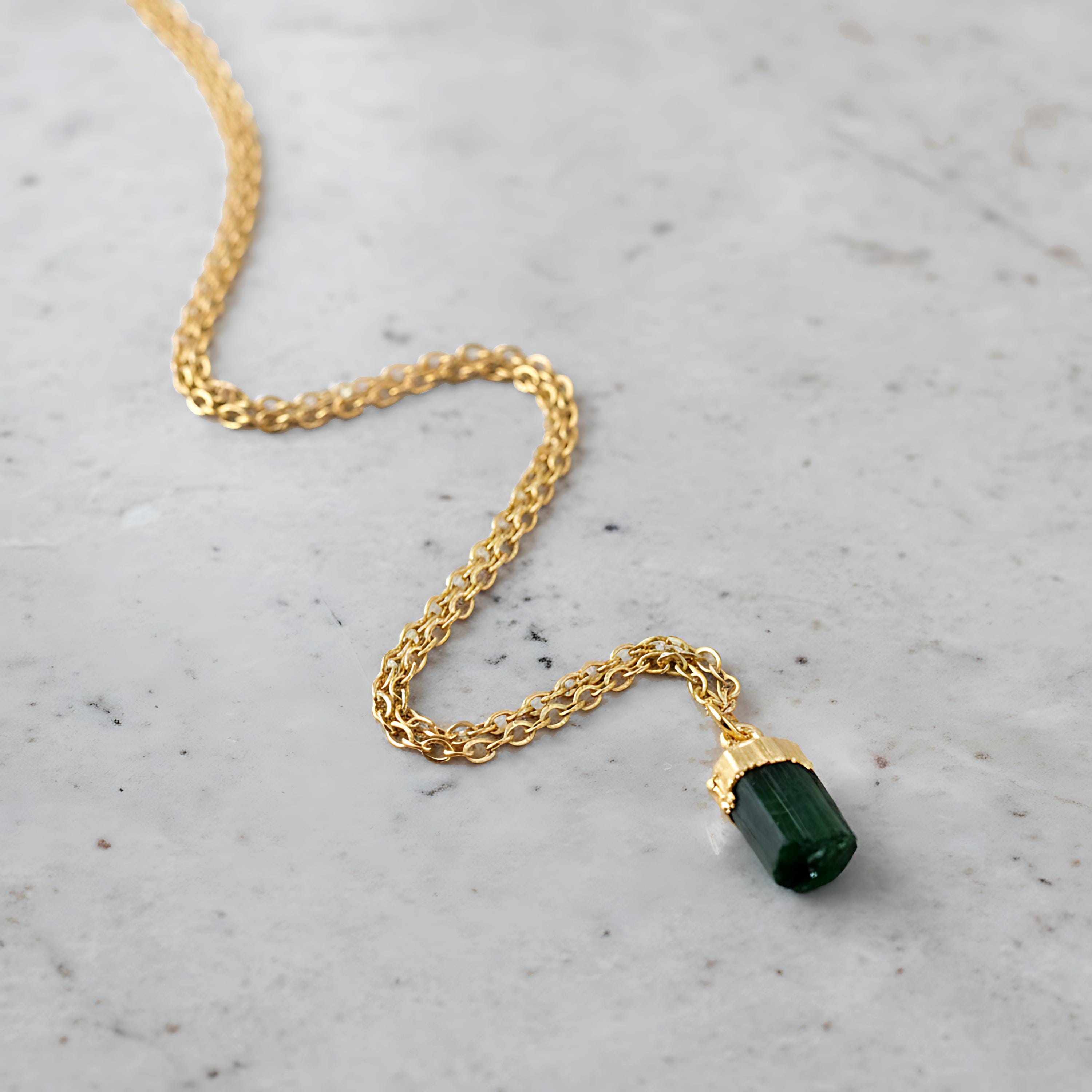 Rough Black Tourmaline Pendant Necklace, Gold Plated Brass Minimalist Jewelry