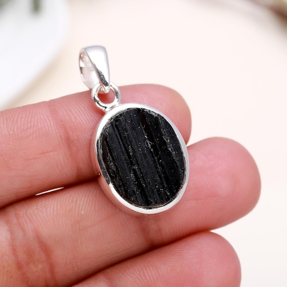 Black Tourmaline Pendant: Oval Gemstone, 925 Sterling Silver