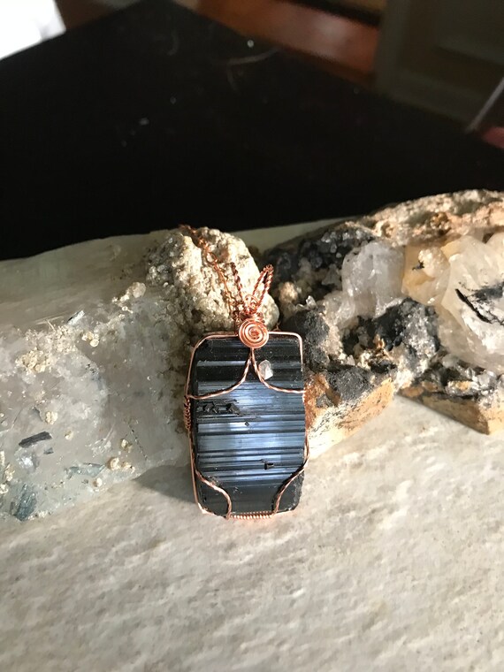 Black Tourmaline Pendant - Black Raw Crystal Pendant - Copper Wire Wrapped Natural Black Tourmaline Pendant - Healing Jewelry- Black Pendant