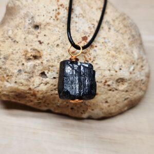 Raw black Tourmaline necklace. October birthstone. Unisex Reiki jewelry uk. Copper wire wrap pendant