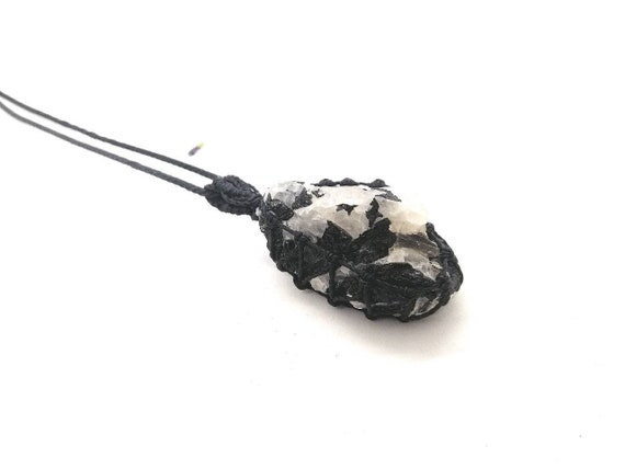 Raw Black Tourmaline Quartz Necklace: Chunky Crystal Macrame Pendant