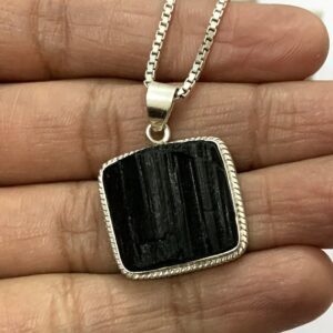 Raw Black Tourmaline Pendant: Square 925 Sterling Silver