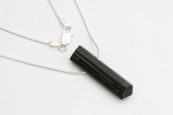 Raw Black Tourmaline Pendant: Sterling Silver Snake Chain Necklace