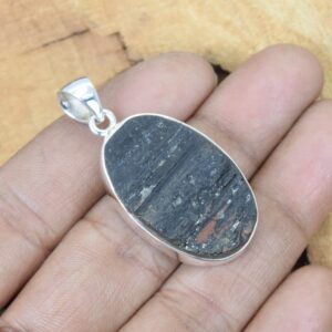 Rough Black Tourmaline Pendant: 925 Sterling Silver Oval Gemstone