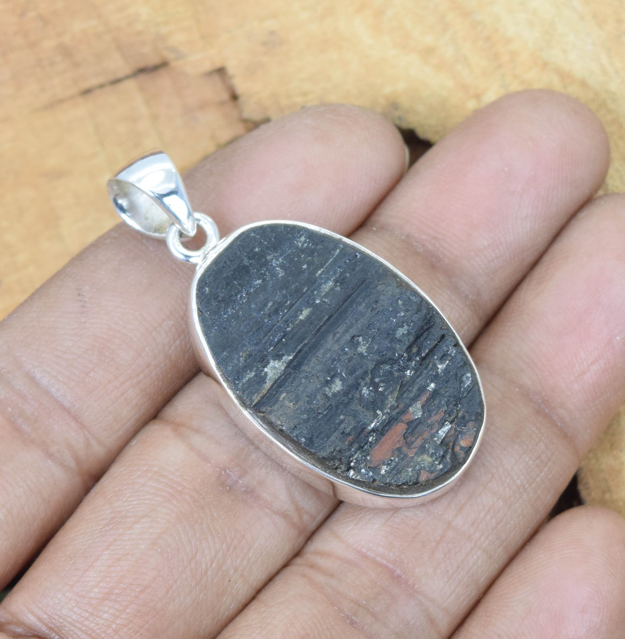 Rough Black Tourmaline Pendant: 925 Sterling Silver Oval Gemstone