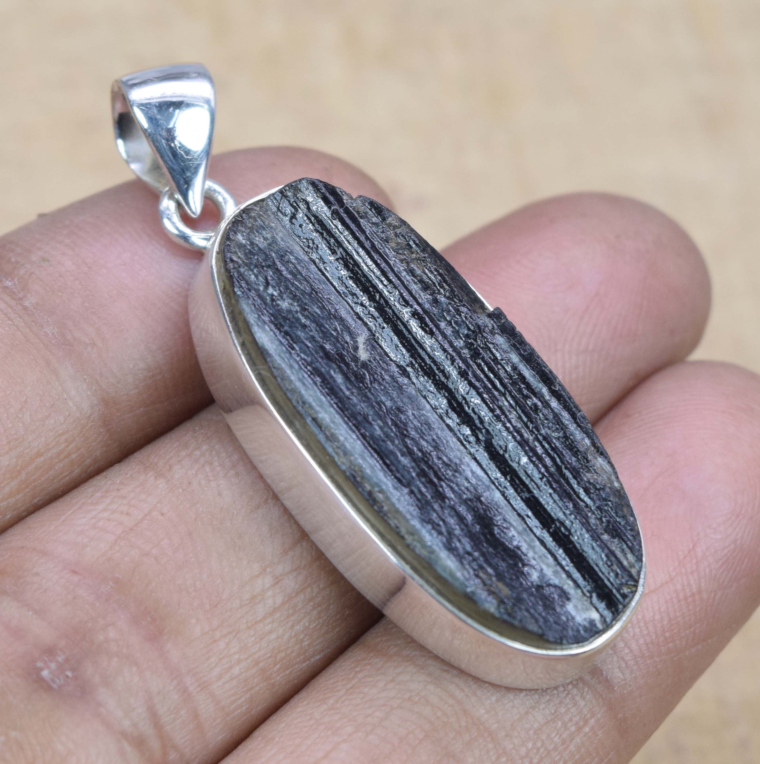 Rough Black Tourmaline 925 Sterling Silver Pendant