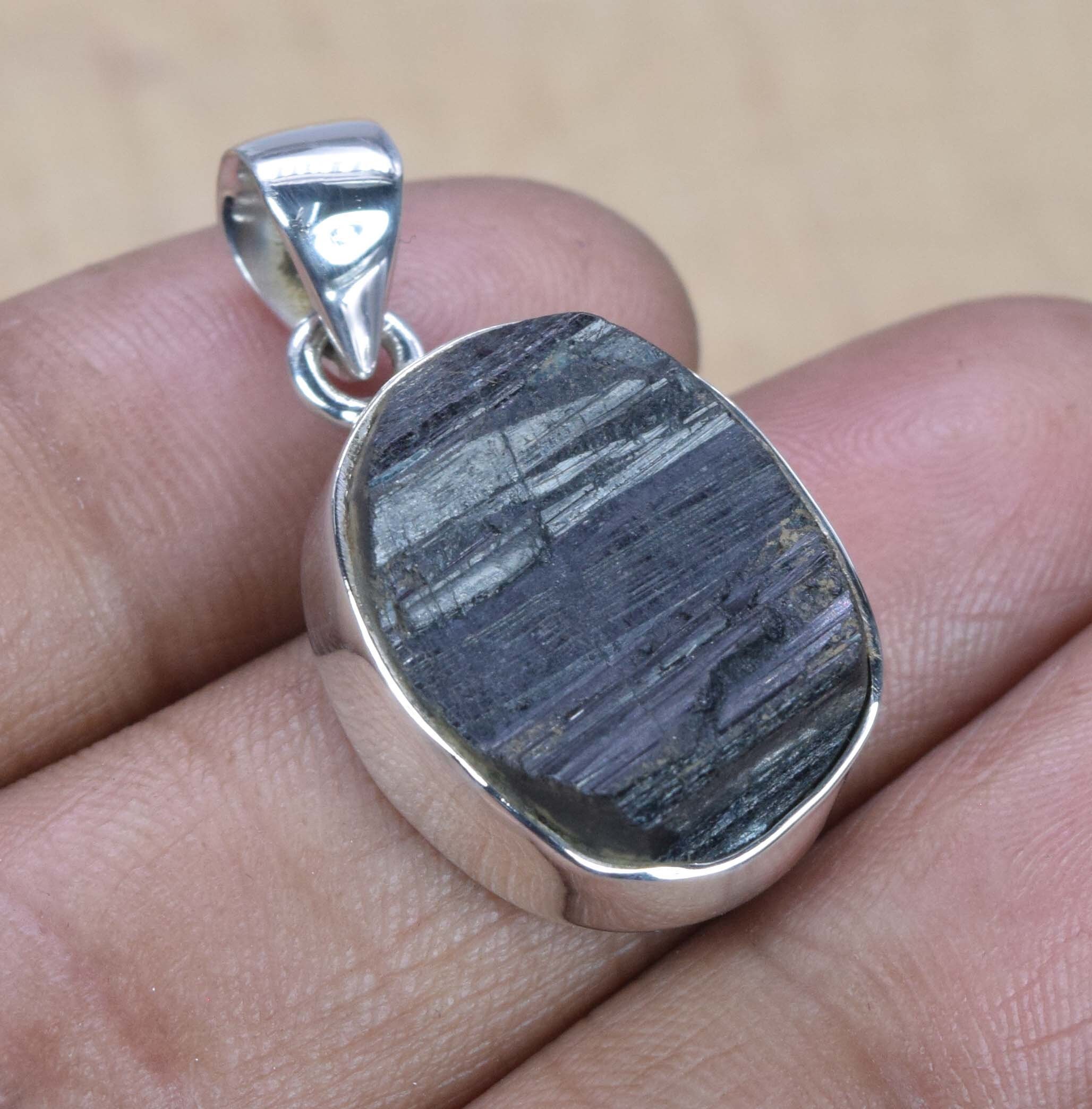 Rough Black Tourmaline 925 Sterling Silver Pendant
