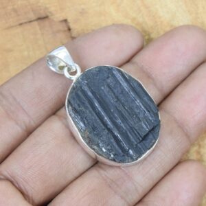 Rough Black Tourmaline 925 Sterling Silver Pendant - Natural Oval Gemstone