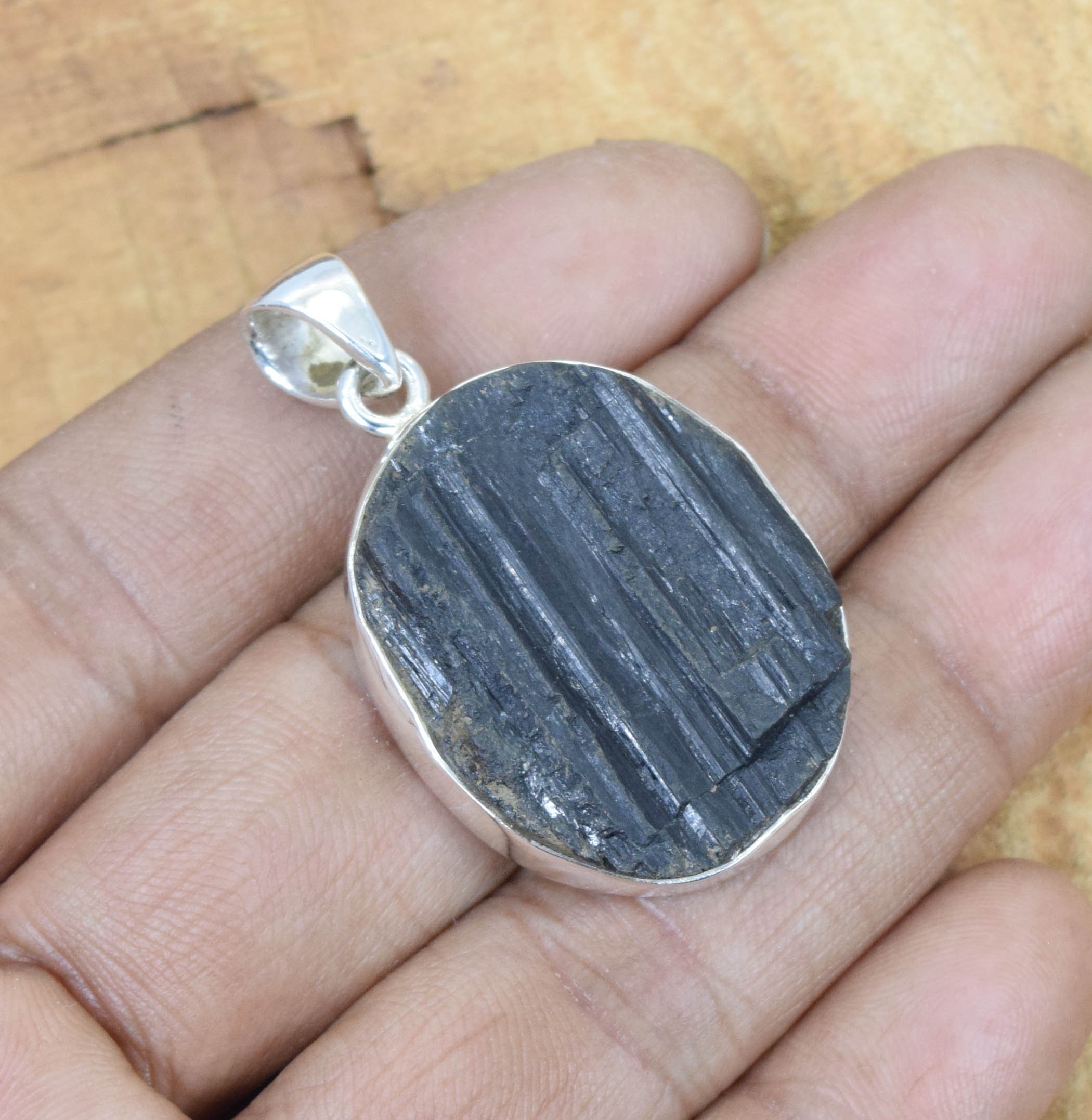 Rough Black Tourmaline 925 Sterling Silver Pendant - Natural Oval Gemstone