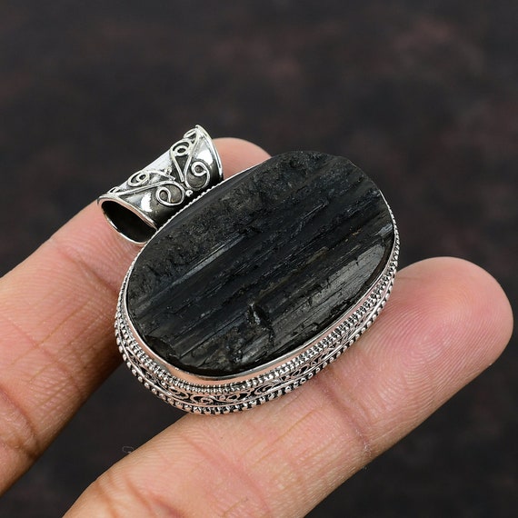 Black Tourmaline Rough Pendant: Handmade 925 Sterling Silver Healing Jewelry