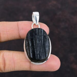 Black Tourmaline Rough Stone Pendant: Handmade 925 Sterling Silver Jewelry