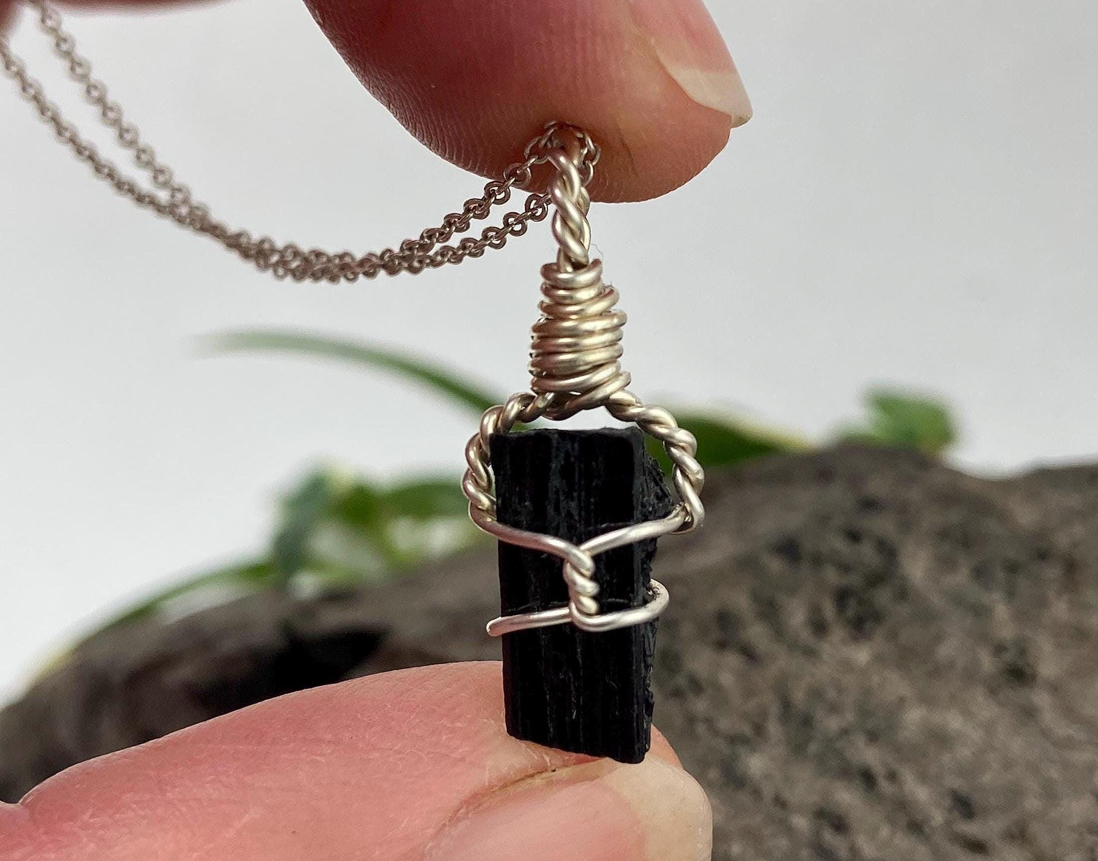 Black Tourmaline Sterling Silver Wire Wrapped Pendant Necklace Tourmaline Crystal