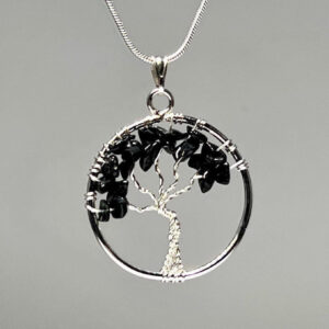 Black Tourmaline Tree Of Life Pendant Necklace: Silver Plated