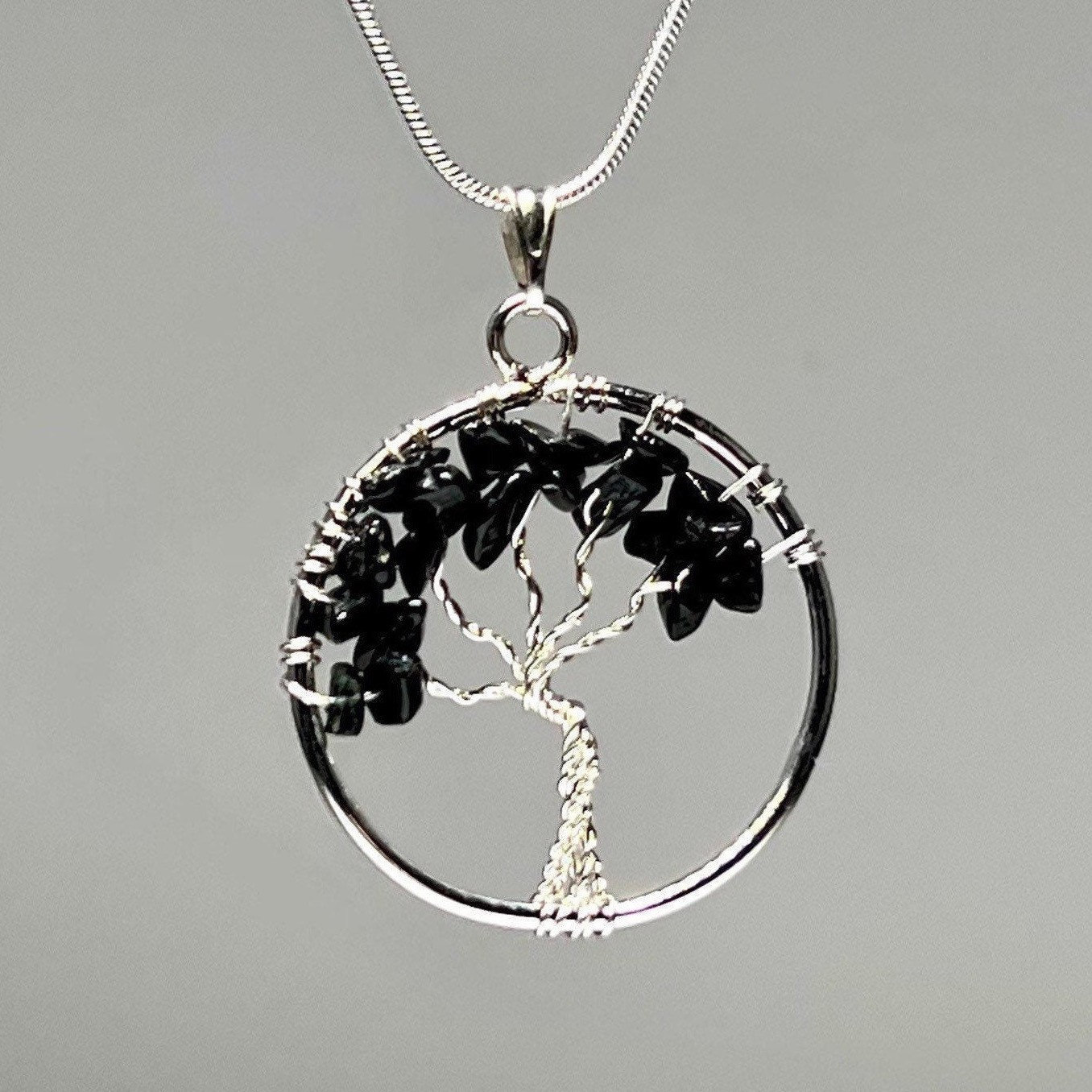 Black Tourmaline Tree Of Life Pendant Necklace: Silver Plated Black Tourmaline Tree Of Life Pendant Necklace: Silver Plated