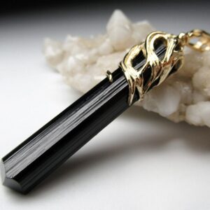 Black Tourmaline Yellow Gold Pendant Raw Uncut Schorl Natural Gemstone Art Nouveau Necklace Unisex Dark Magic Crystal Healing Vintage Style