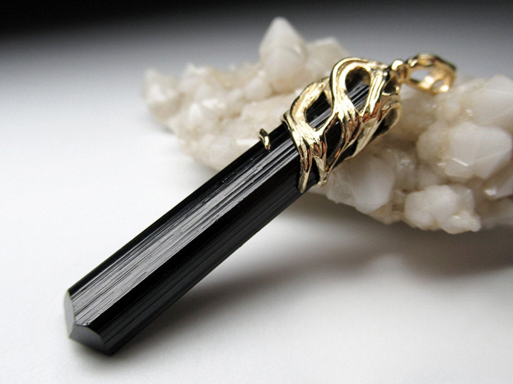 Black Tourmaline Yellow Gold Pendant Raw Uncut Schorl Natural Gemstone Art Nouveau Necklace Unisex Dark Magic Crystal Healing Vintage Style
