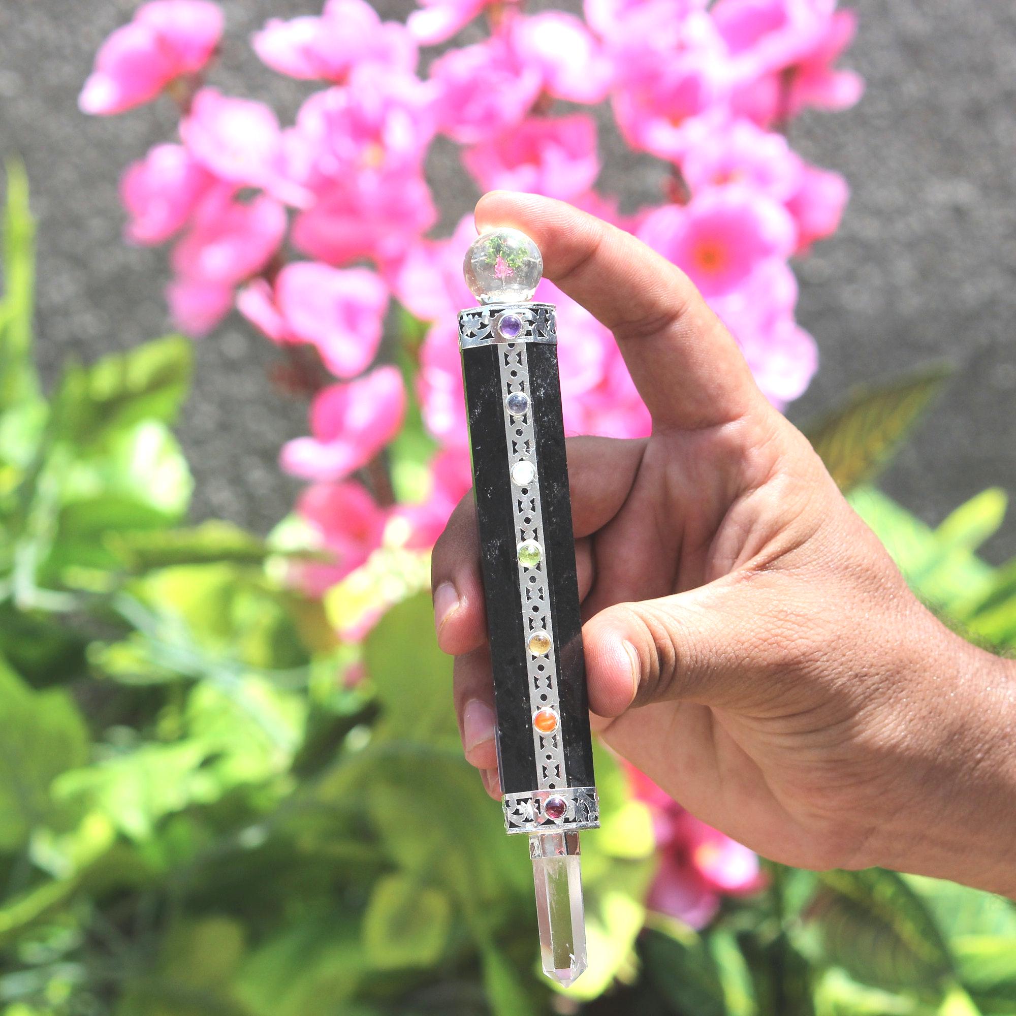7 Chakra Black Tourmaline Stone Wand : Faceted Crystal Energy Gemstone