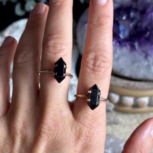 Black Tourmaline Double Point Ring, .925 Sterling Silver, Minimalist, Statement, Fitted Black Tourmaline Double Point Ring, .925 Sterling Silver, Minimalist, Statement, Fitted