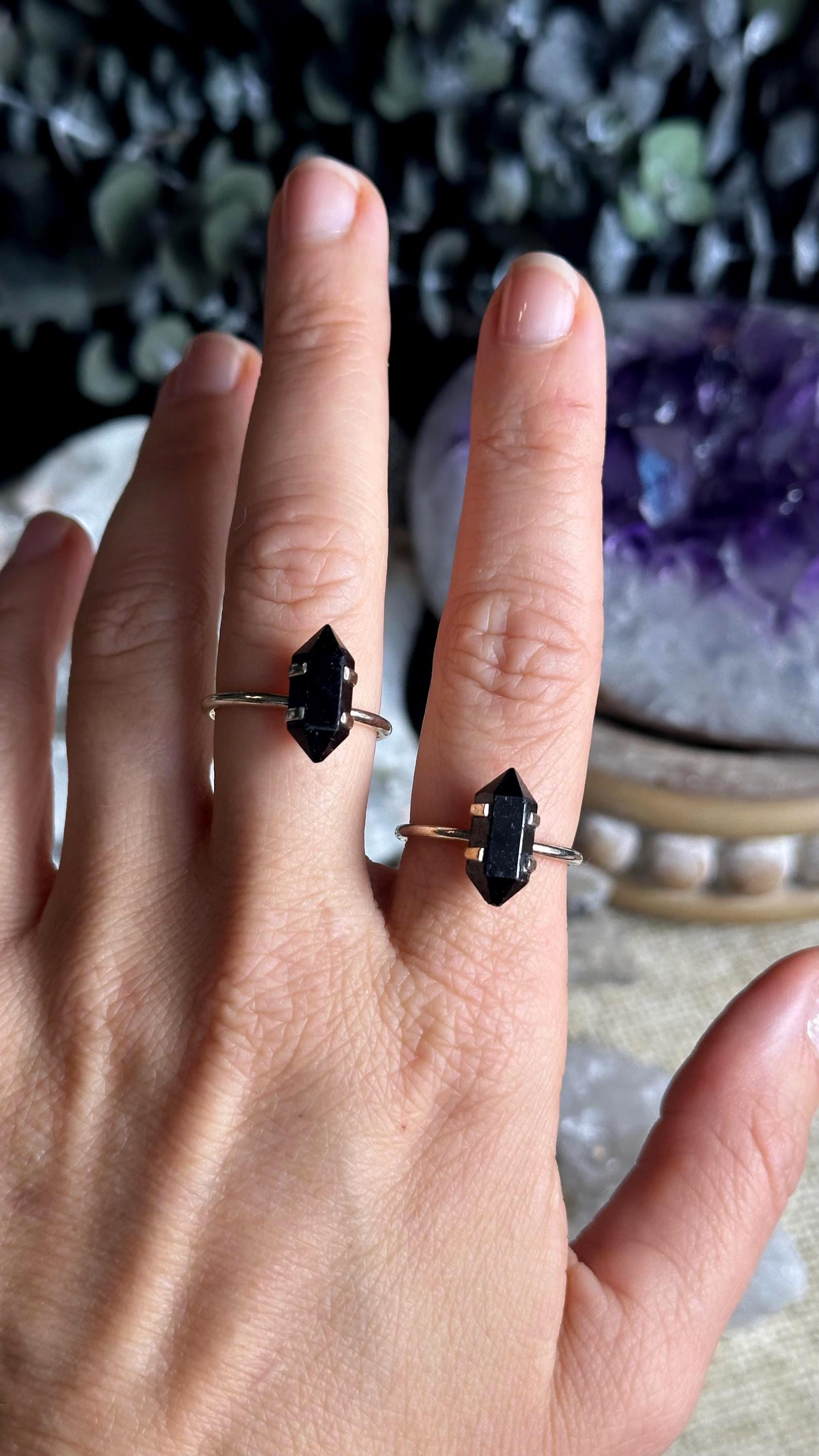 Black Tourmaline Double Point Ring, .925 Sterling Silver, Minimalist, Statement, Fitted