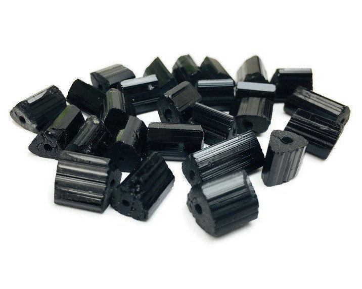 Drilled Raw Black Tourmaline Crystal: Short Schorl Stick Gemstone Bead (8-12mm Long) Drilled Raw Black Tourmaline Crystal: Short Schorl Stick Gemstone Bead (8-12mm Long)