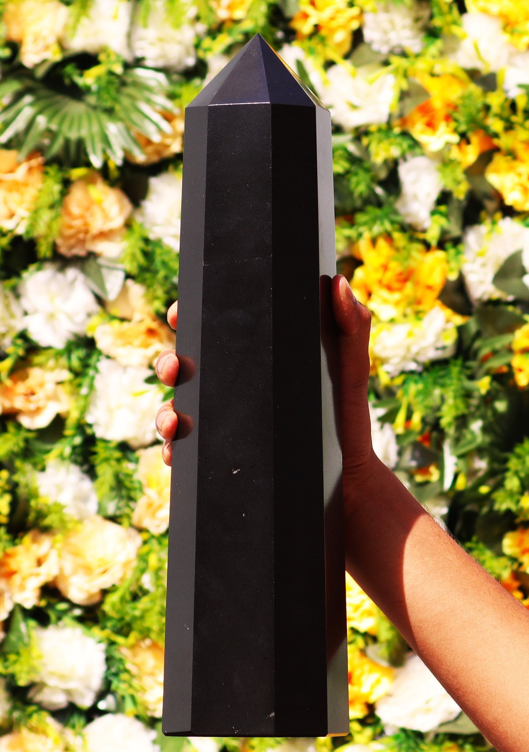 Black Tourmaline Crystal Obelisk Large Tower 8 Faceted Healing Stone India 6kg 380mm