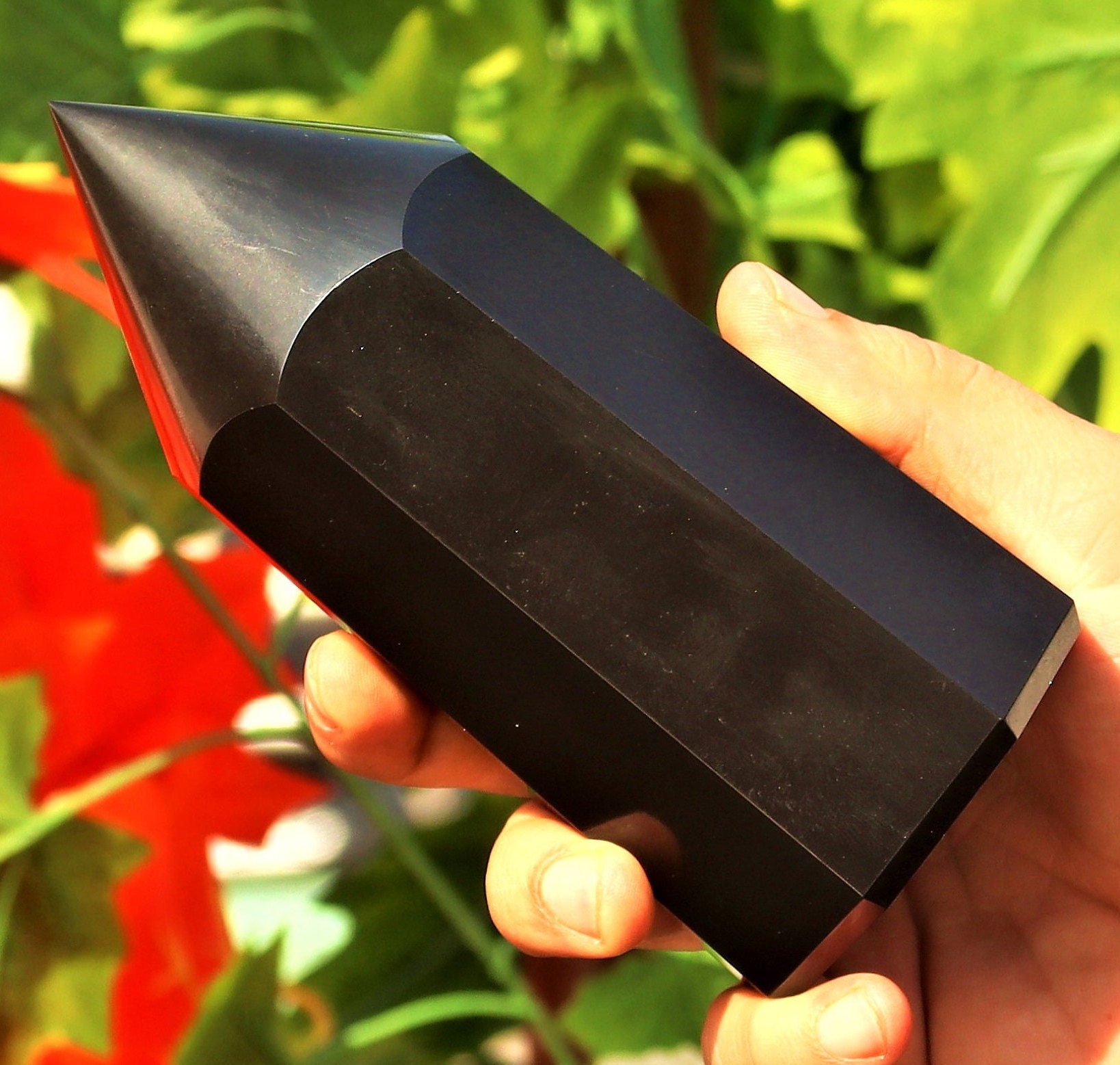 Black Tourmaline Stone Obelisk: Faceted Crystal Tower, 150mm