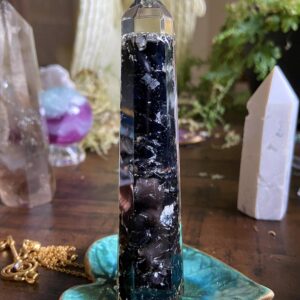 Black Tourmaline Tower With Gold And Silver Shards And Copper Spiral, Generator Crystal, Tower, Energy Crystal Black Tourmaline Tower With Gold And Silver Shards And Copper Spiral, Generator Crystal, Tower, Energy Crystal