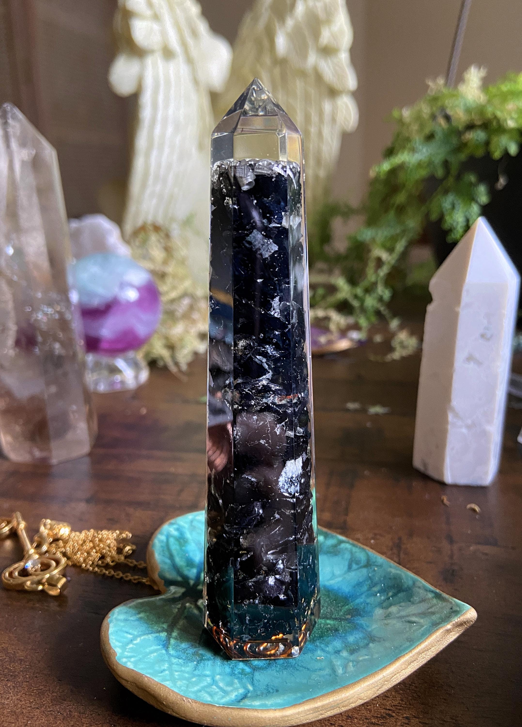 Black Tourmaline Tower With Gold And Silver Shards And Copper Spiral, Generator Crystal, Tower, Energy Crystal Black Tourmaline Tower With Gold And Silver Shards And Copper Spiral, Generator Crystal, Tower, Energy Crystal
