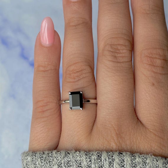 Black Tourmaline Ring / 925 Sterling Silver / Rhodium Vermeil / Healing Gemstone / Gifts For Her / Emerald Cut / Dainty Ring Bls-sr-247.