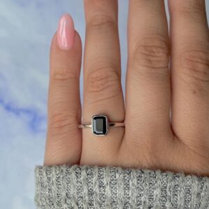 Black Tourmaline Ring / 925 Sterling Silver / Rhodium vermeil / Healing Gemstone / Gifts for her / Emerald Cut / Dainty Ring BLS-SR-2765.