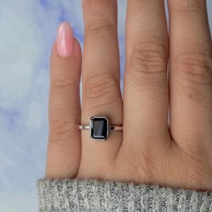 Black Tourmaline Ring / 925 Sterling Silver Ring / Rhodium vermeil / Healing Gemstone / Gift for her / Emerald Cut / Dainty Ring BLS-SR-246.