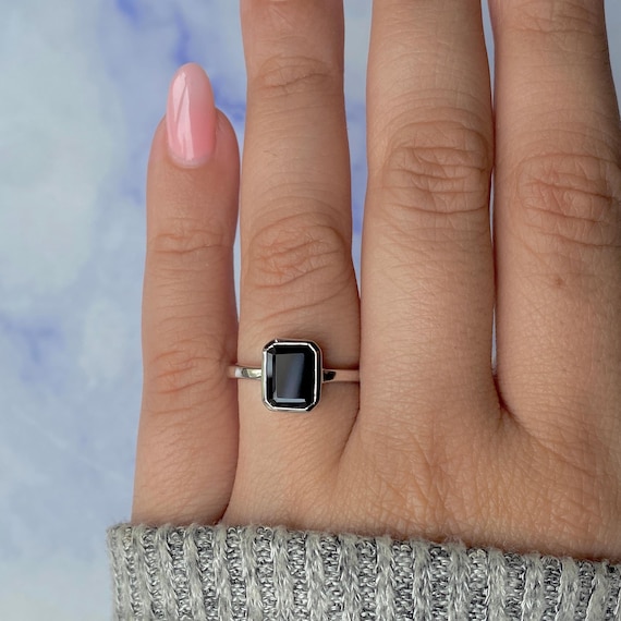 Black Tourmaline Ring / 925 Sterling Silver Ring / Rhodium Vermeil / Healing Gemstone / Gift For Her / Emerald Cut / Dainty Ring Bls-sr-246.