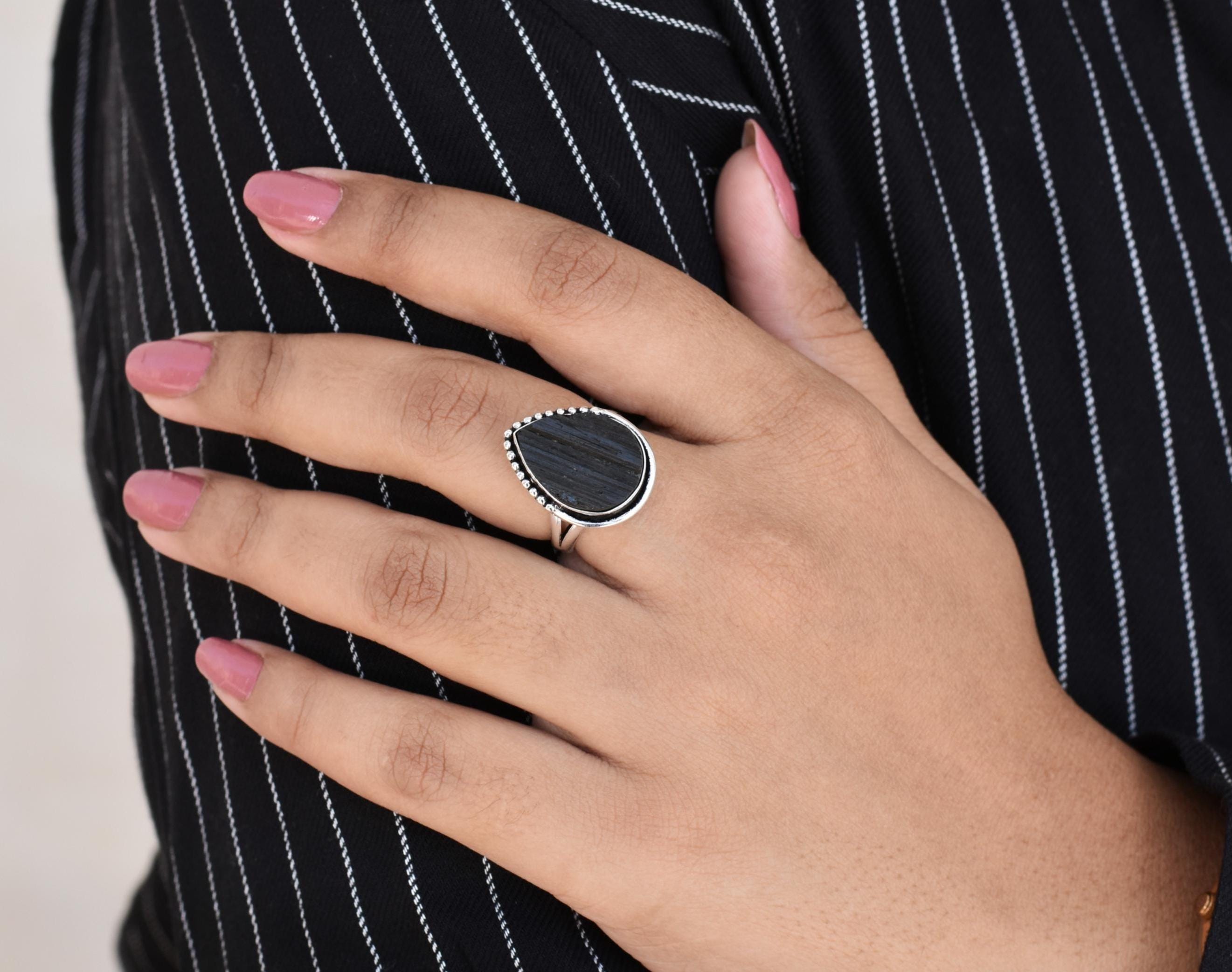 Black Tourmaline Ring, 925 Sterling Silver, Rough Gemstone, Statement Ring, Bohemian Ring, Hippie Jewelry, Can Be Personalized, Gift Ring