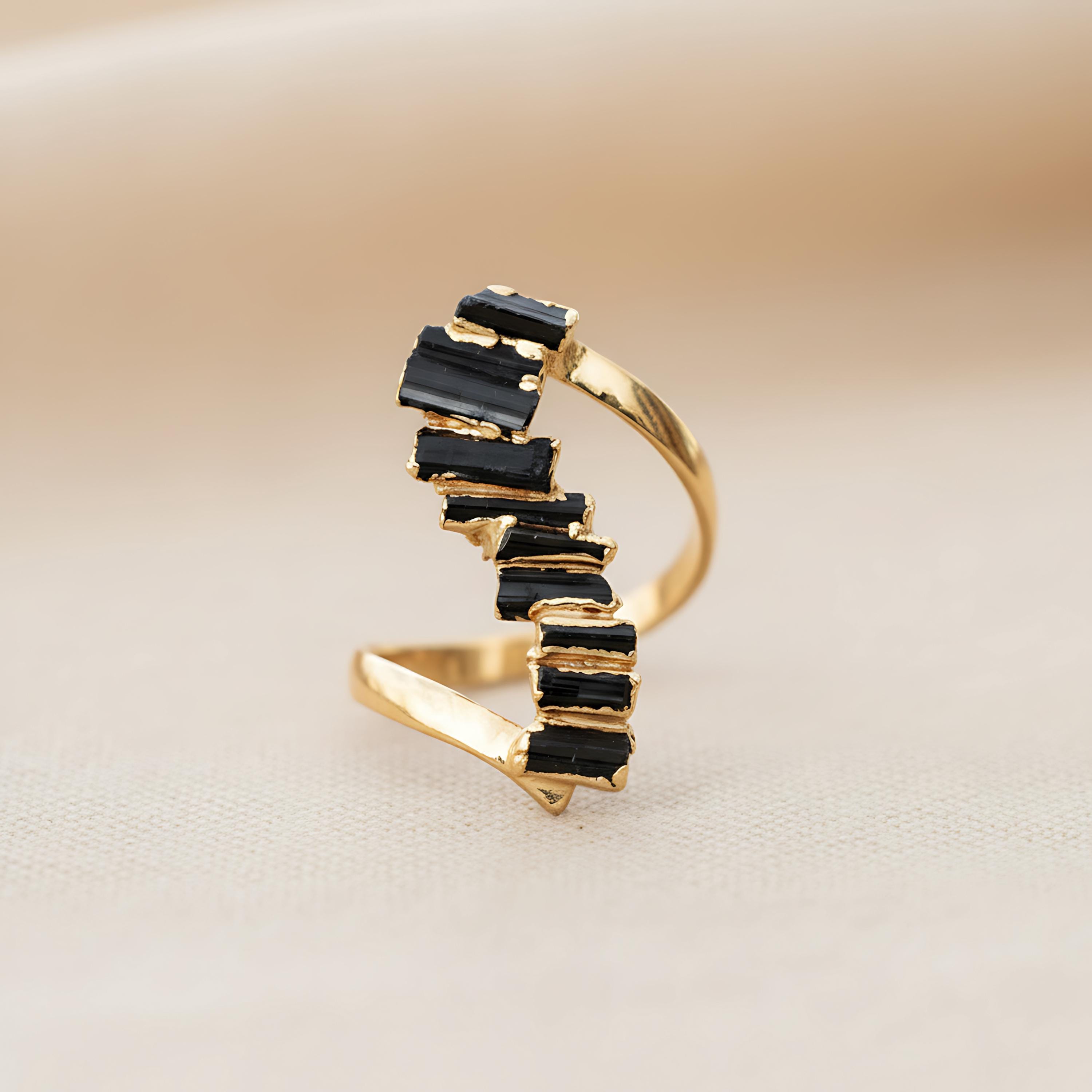 Black Tourmaline Bypass Ring, Handmade Bohemian Jewelry