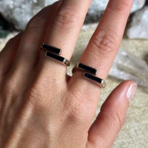 Black Tourmaline Double Stone Ring, .925 Sterling Silver, Minimalist, Statement, Open Concept, Adjustable